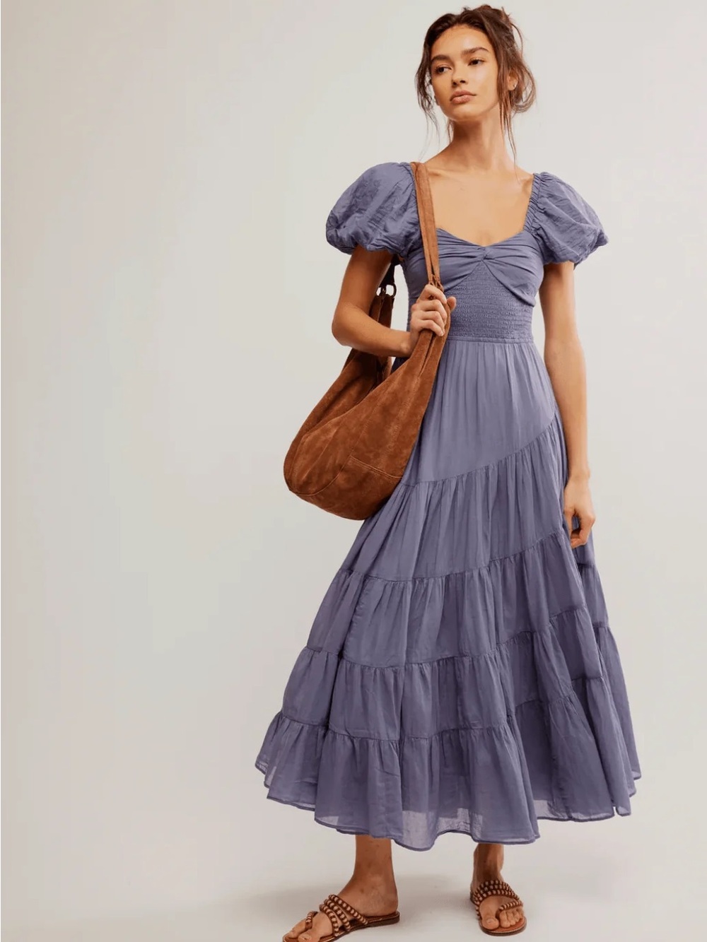 Free People sundrenched Puff-Sleeve Maxi Dress in Lavender Blue Granite boho